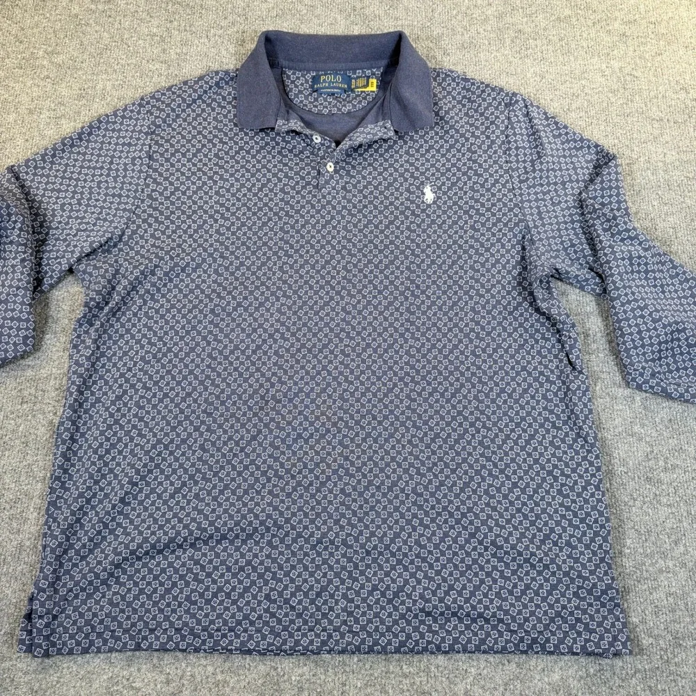 Polo Ralph Lauren Mens XL‎ Custom Slim Fit Long Sleeve Polo Navy Geometric #2839